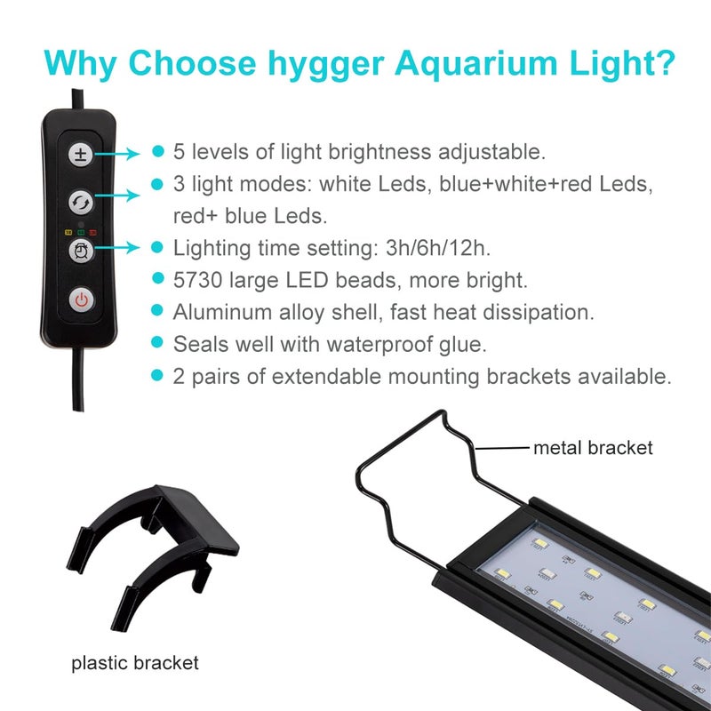 hygger 20W Full Spectrum Aquarium Light with Aluminum Alloy Shell Extendable Brackets, White Blue Red LEDs, External Controller, for Freshwater Fish Tank (30-36 inch) - Image 2